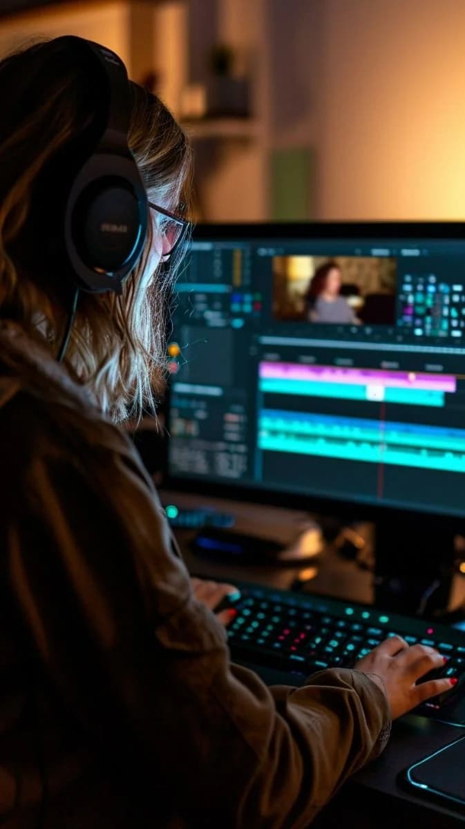 Video editor wearing headphones cutting a video on an editing timeline