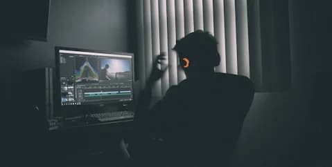 Editor with headphones at a monitor in a dark room
