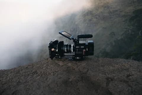 Cinema camera on a cliff above a misty valley