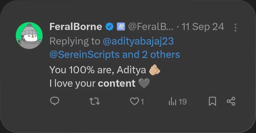 X reply from FeralBorne praising Elcara's content