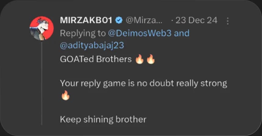 X reply from MIRZAKB01 praising Elcara's content
