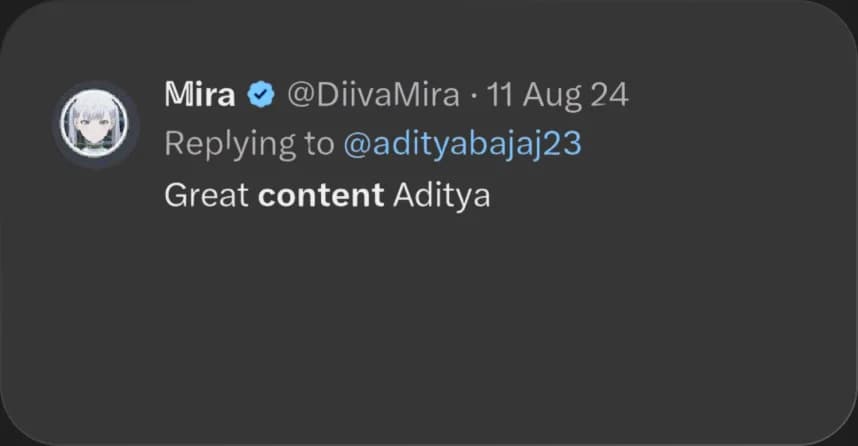 X reply from Mira praising Elcara's content