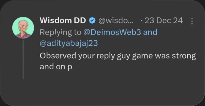 X reply from Wisdom DD praising Elcara's content