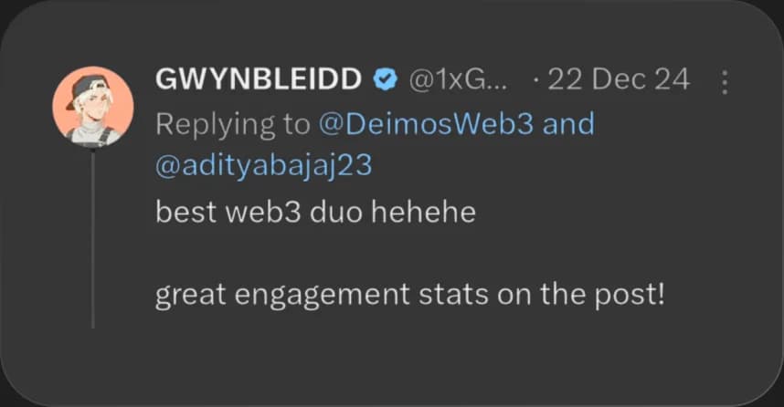 X reply from GWYNBLEIDD praising Elcara's content