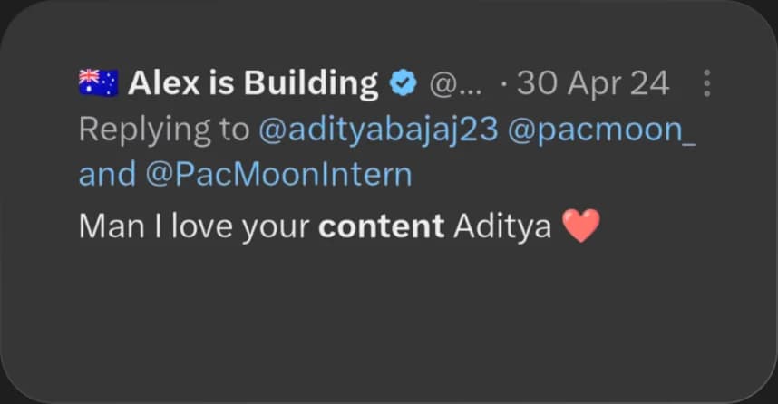 X reply from Alex is Building praising Elcara's content