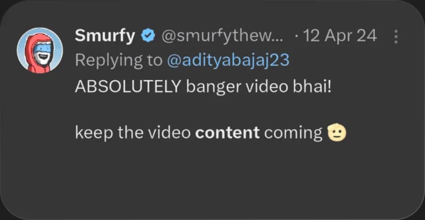 X reply from Smurfy praising Elcara's content