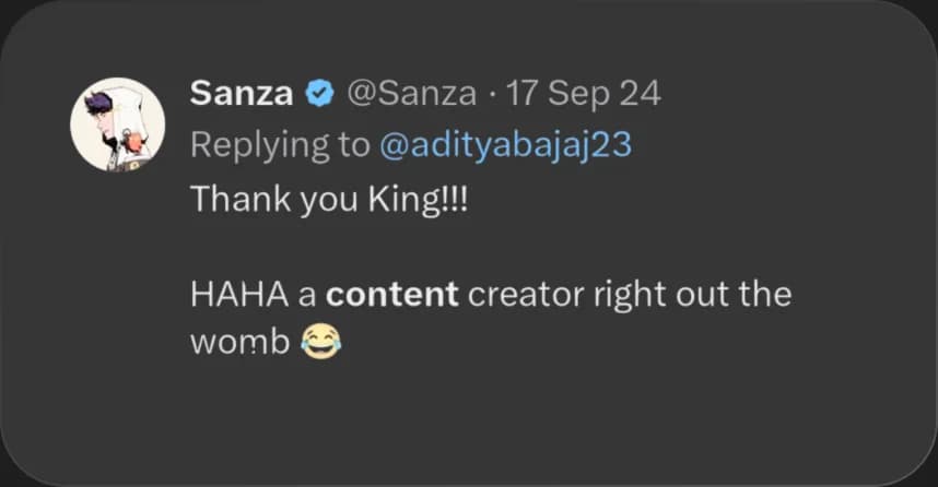 X reply from Sanza praising Elcara's content