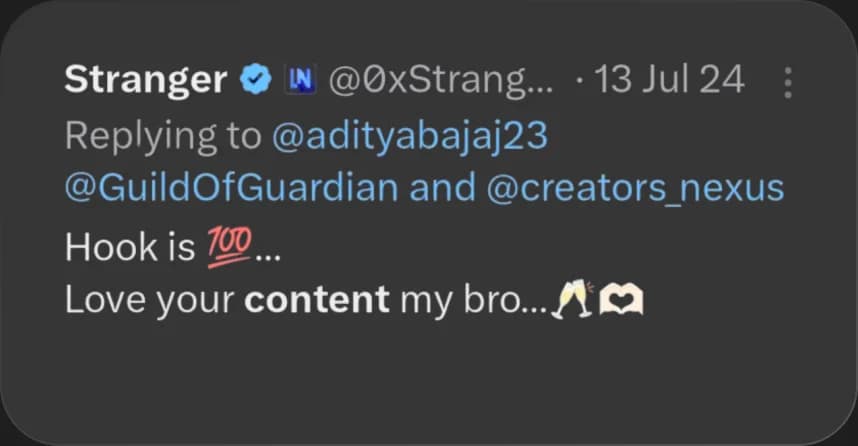 X reply from Stranger praising Elcara's content
