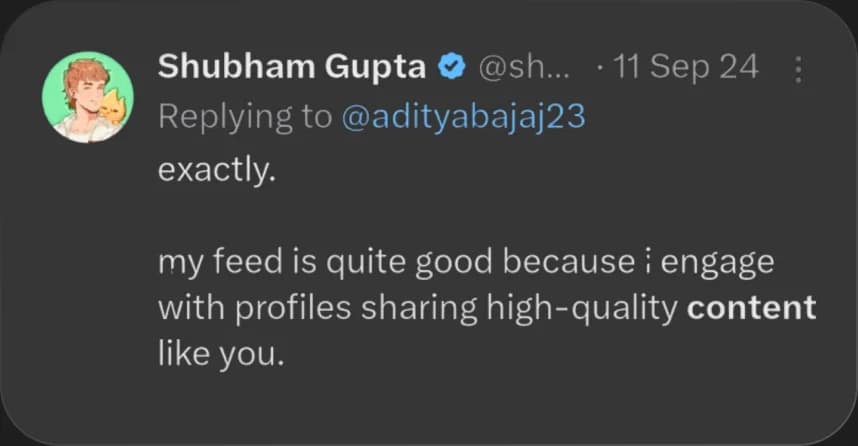 X reply from Shubham Gupta praising Elcara's content