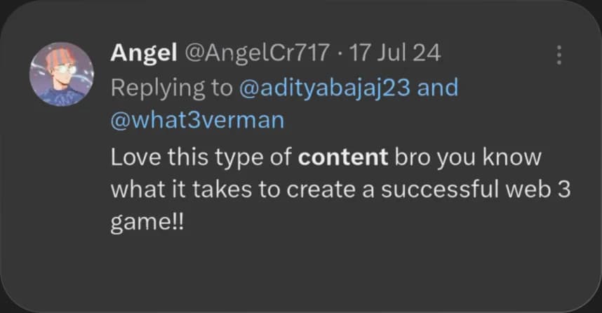 X reply from Angel praising Elcara's content
